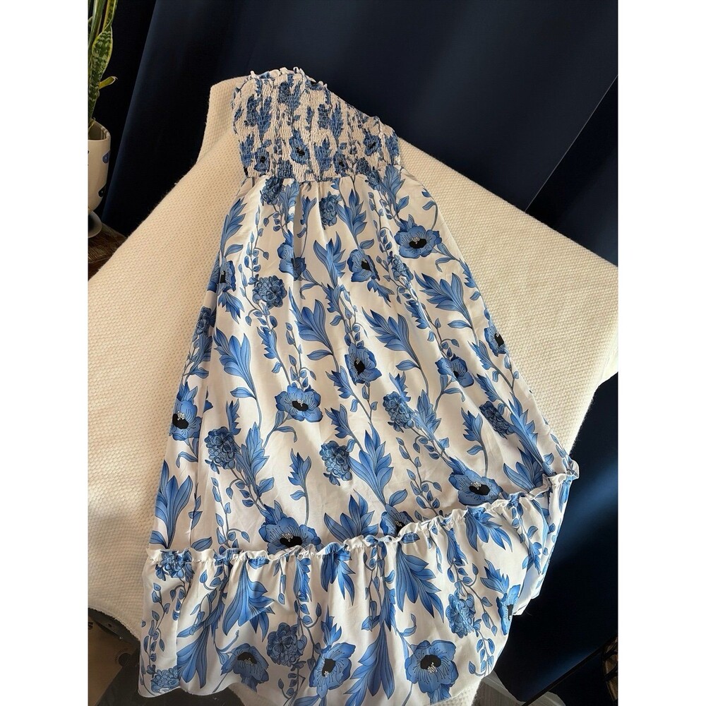 Coastal Cottagecore Floral Nap Dress - Smocked Midi - Blue/White